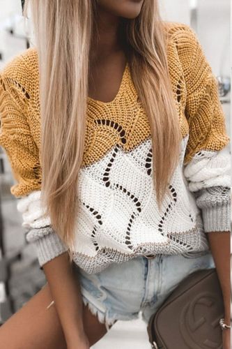 New Fashion Autumn V-Neck Long Sleeve Sweater Top Women Hollow Out Knitted Sweaters Casual Color Matching Loose Pullover Jumper