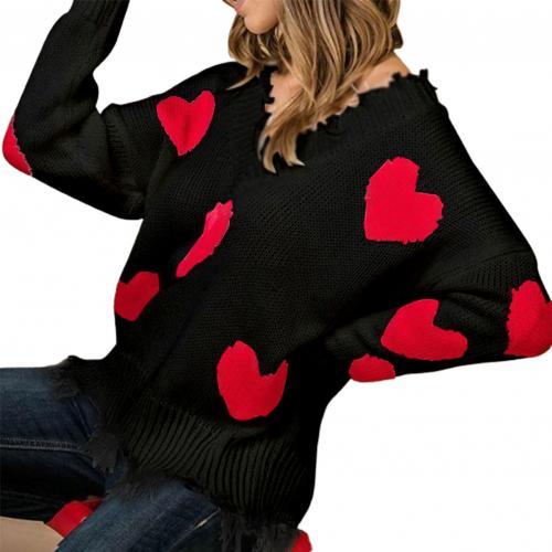 Women Loose Warm Long Sleeve V Neck Knit Pullover Sweater Heart Patch Jumpers Knitwear Tops