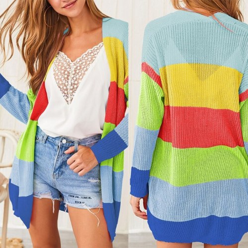 Women Rainbow Color Block Striped Cardigan Long Sleeve Open Front Knitted Sweater Coat Slouchy Loose Outwear with Pocket