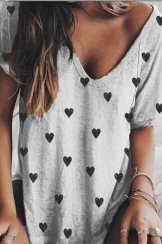 Summer Women Clothing Casual V-neck Short-sleeved Shirts Girl Sexy T-shirt with Printed Heart Oversize Tops