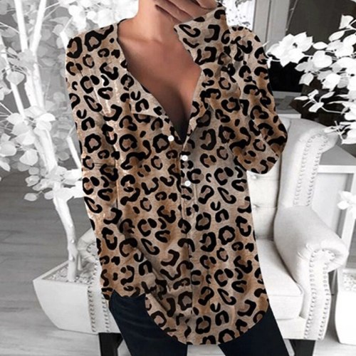Women 2021 Autumn Leopard Print Blouse Shirt Elegant Button Stand Collar Pullover Tops Vintage Long Sleeve Loose Harajuku Blusas