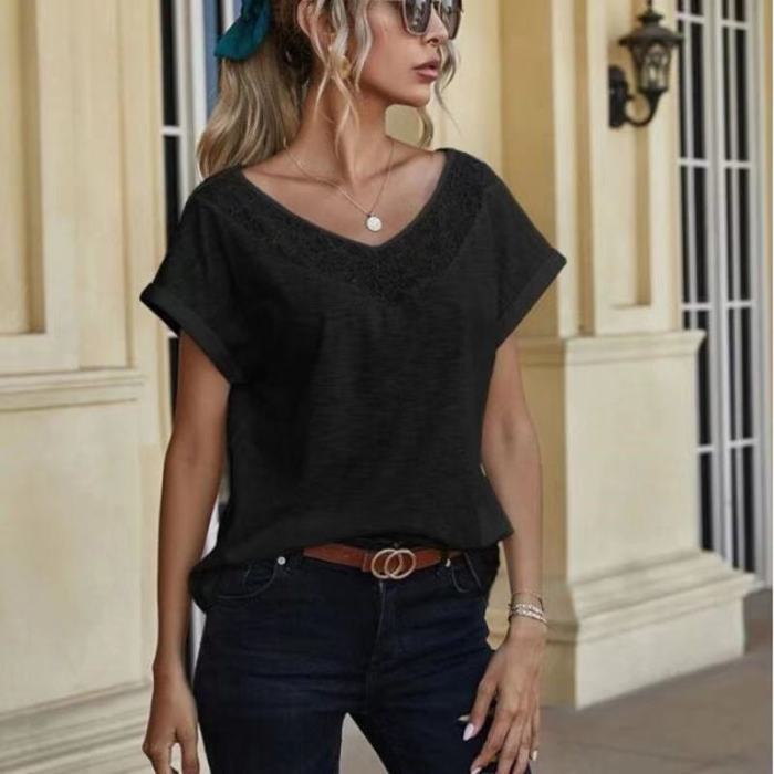 Solid Women T Shirt Summer 2021 Lace Patchwork Short Sleeve V Neck Summer Tees Top Ladies Casual T Shirt Fashion Girls Top
