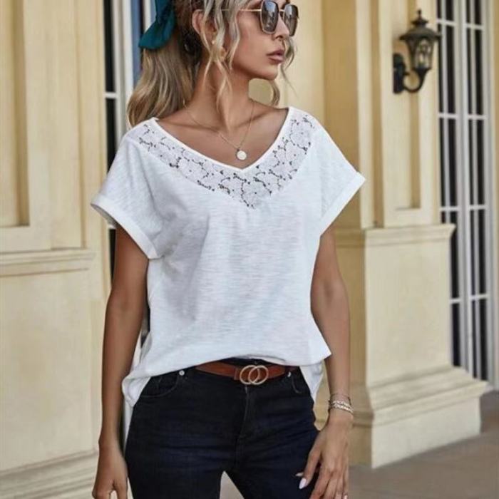 Solid Women T Shirt Summer 2021 Lace Patchwork Short Sleeve V Neck Summer Tees Top Ladies Casual T Shirt Fashion Girls Top