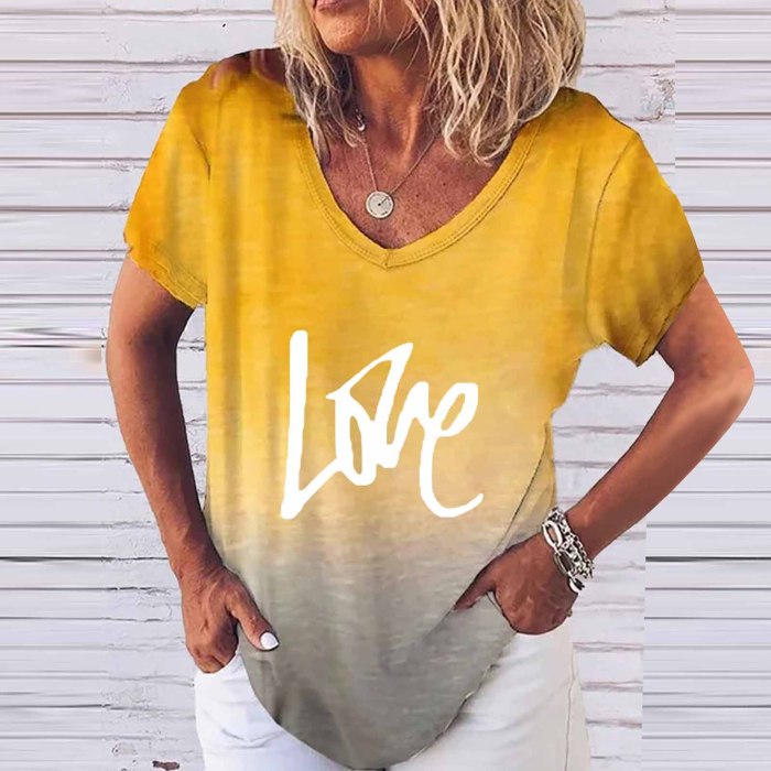 4# Letter Printing T-shirts Women's Short-sleeved V-neck Gradient Oversized T-shirt Punk Hip hop T-shirts Футболка Женский