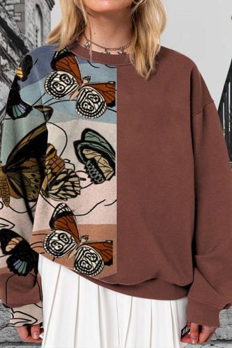 Women Butterfly Brown Oversize Patchwork Sweatshirts
