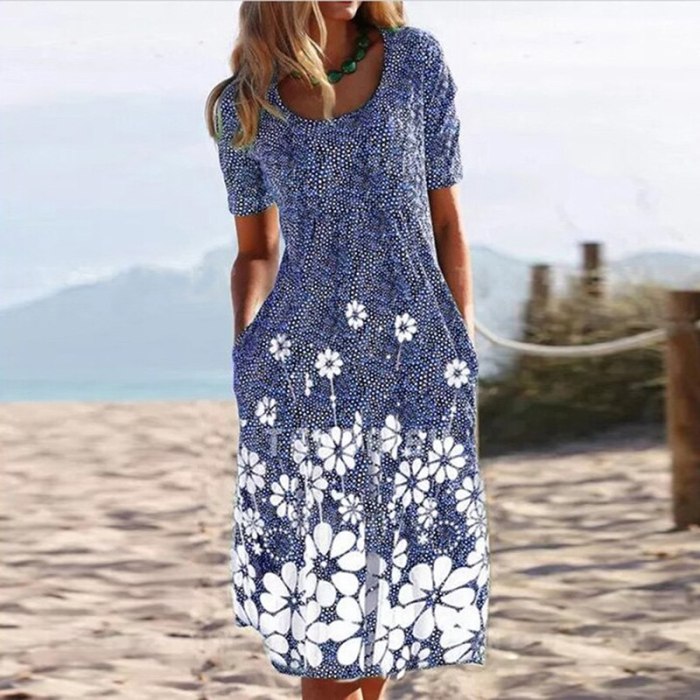 2021 Summer Dress Women Flower Print Casual Beach Dresses For Women O-neck Pocket Short Sleeve Sundress Dress Plus Size S-5XL