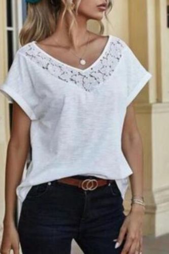 Women Summer Lace Patchwork V-Neck Casual T-Shirt