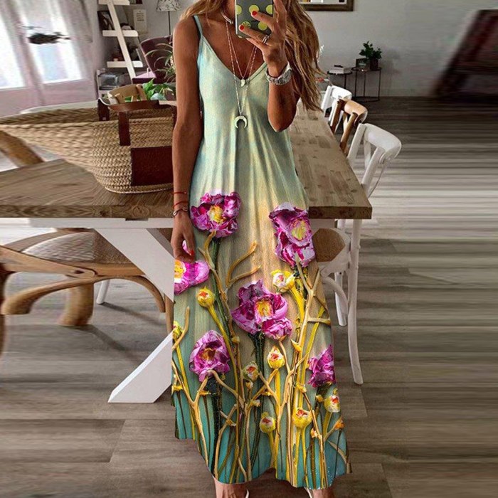 Summer Women's Dress 2021 Women's Casual Fashion Sexy V-neck High Waist Floral Print Spaghetti Strap Dress Loose Casual Women's