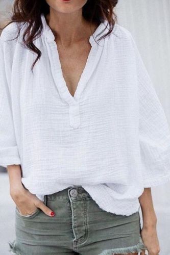 2021 Women's Summer Nine-quarter Sleeves Flared Sleeves New Loose and Comfortable V-neck Cotton and Linen Shirt S-5xl