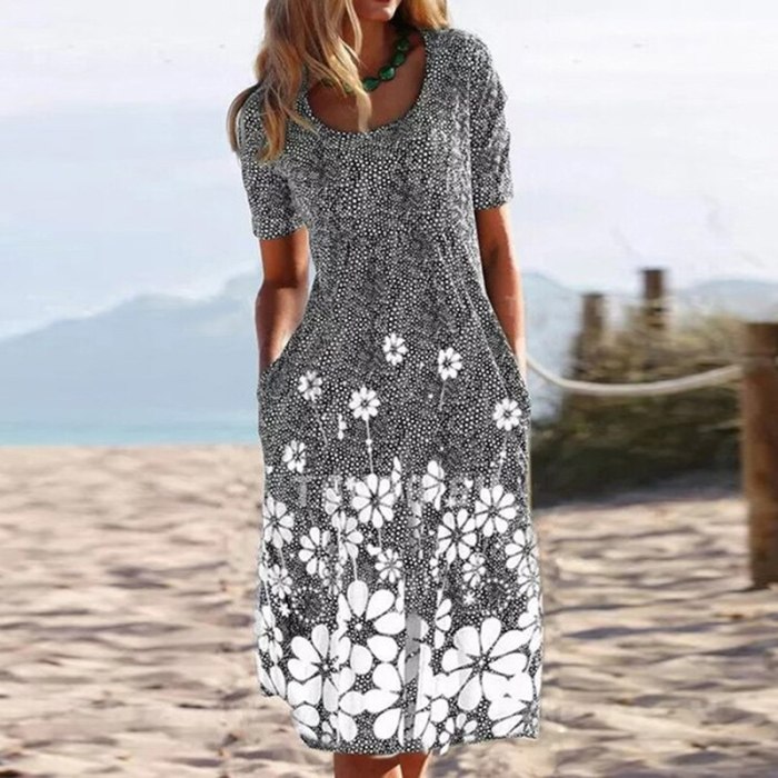 2021 Summer Dress Women Flower Print Casual Beach Dresses For Women O-neck Pocket Short Sleeve Sundress Dress Plus Size S-5XL