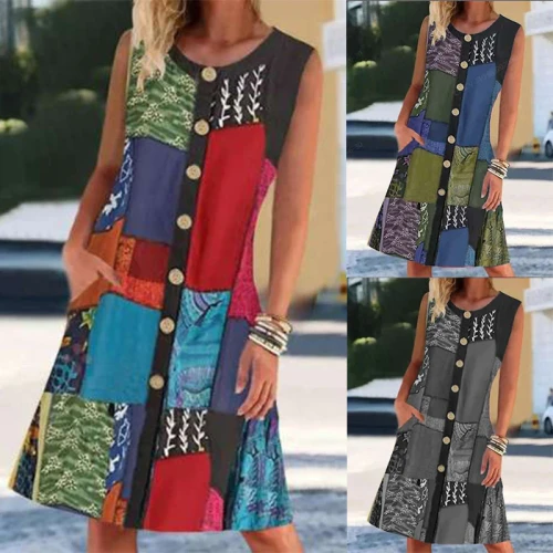 2021 Hot Sale Summer New Fashion Multi-Casual Commuter Print Round Neck Buttoned Color Block Cardigan Beach Sleeveless Dress