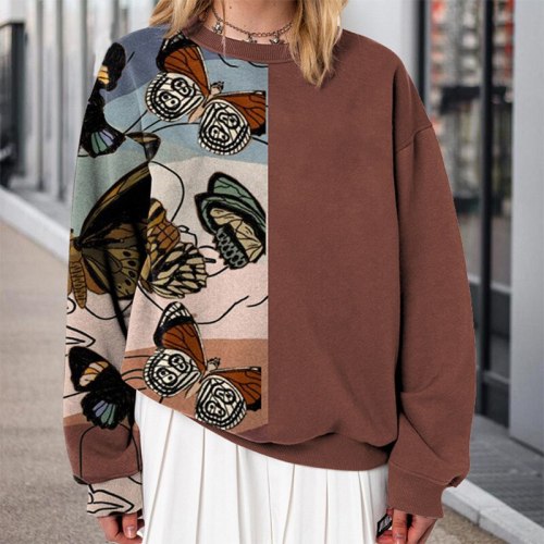 Butterfly Brown Oversized Hoodies Patchwork Women 2021 Pullover Long Sleeve Sweatshirts Plus Size Spring Autumn