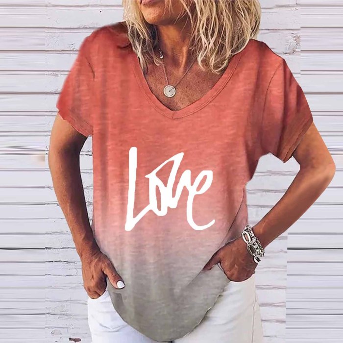 4# Letter Printing T-shirts Women's Short-sleeved V-neck Gradient Oversized T-shirt Punk Hip hop T-shirts Футболка Женский