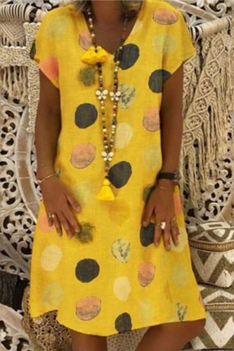 Women Summer Boho Dress 2021 Vintage Loose Dress V-neck Retro Print Short Sleeve Knee Length Dress Women Casual Beach Dress #4