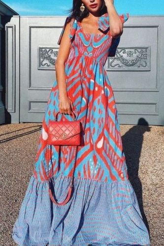 Women Color Matching Printing Vintage Maxi Dress