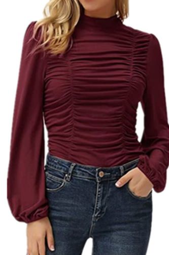 2021 Autumn Winter Casual Turtleneck Women Blouse Office Lady Lantern Sleeve Solid Pullover Shirt Elegant Draped Slim Top Blusa
