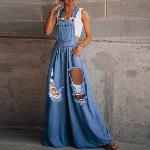 Casual Loose Solid Pocket Denim Women Jumpsuit Fashion Sleeveless Jean Romper Lady Streetwear Strappy Wide Leg Overalls Playsuit