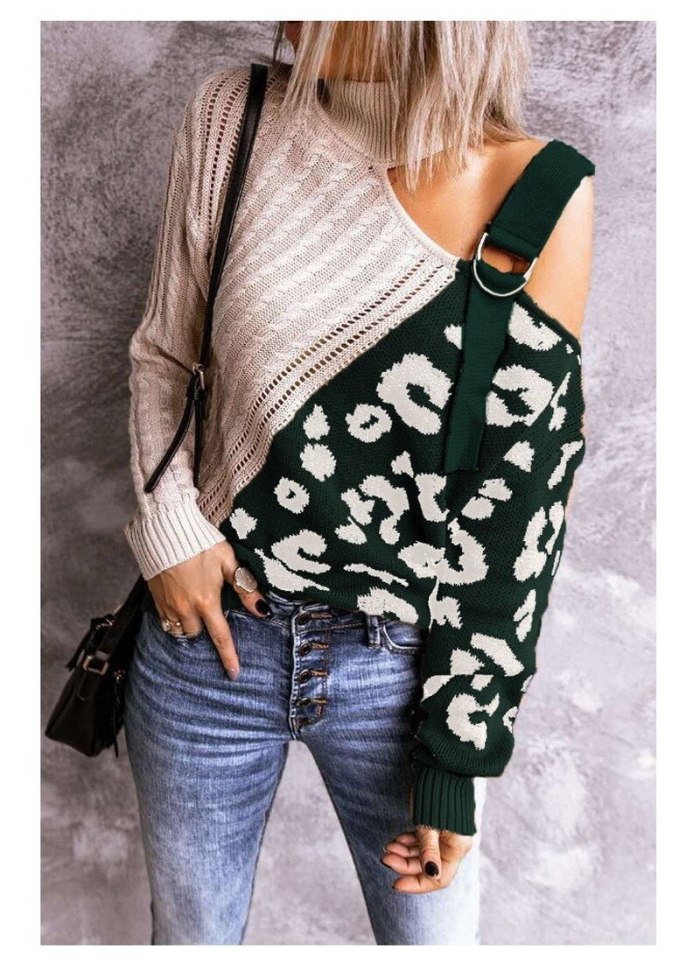 2021 Elegant Casual Spring Autumn Off-shoulder Woman Sweater Straps Turtleneck Leopard Spliced Pullover Sexy Sweater