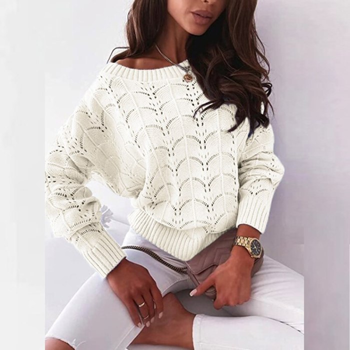 Fashion Batwing Sleeve Hollow Sweaters Women Sexy Off Shoulder Long Sleeve Pullover Jumper Casual Loose Solid Knitted Top  Bluas