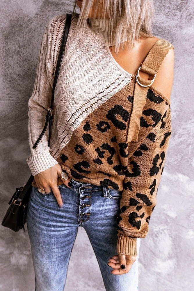 2021 Elegant Casual Spring Autumn Off-shoulder Woman Sweater Straps Turtleneck Leopard Spliced Pullover Sexy Sweater