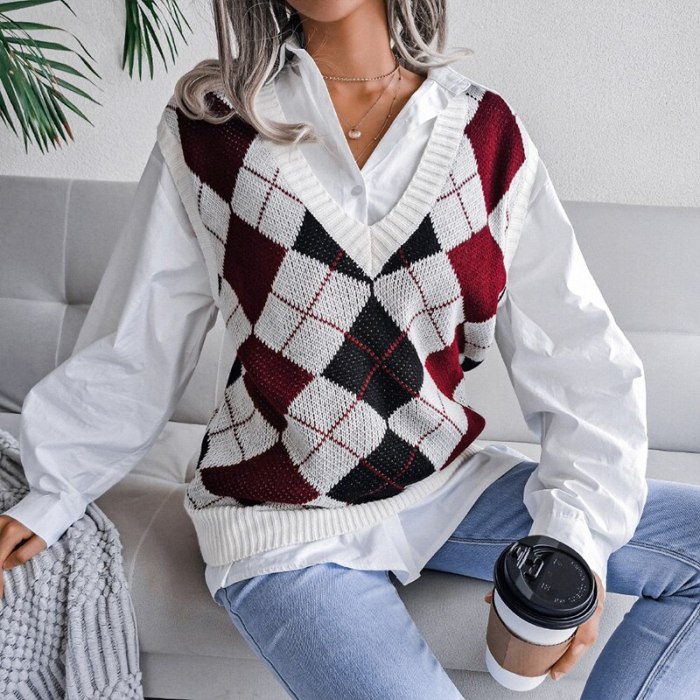 Autumn College Style Diamond Printed Tank Women Sweaters Casual V-Neck Loose Knit Vest Sweaters Fashion All-Match Pullover Tops