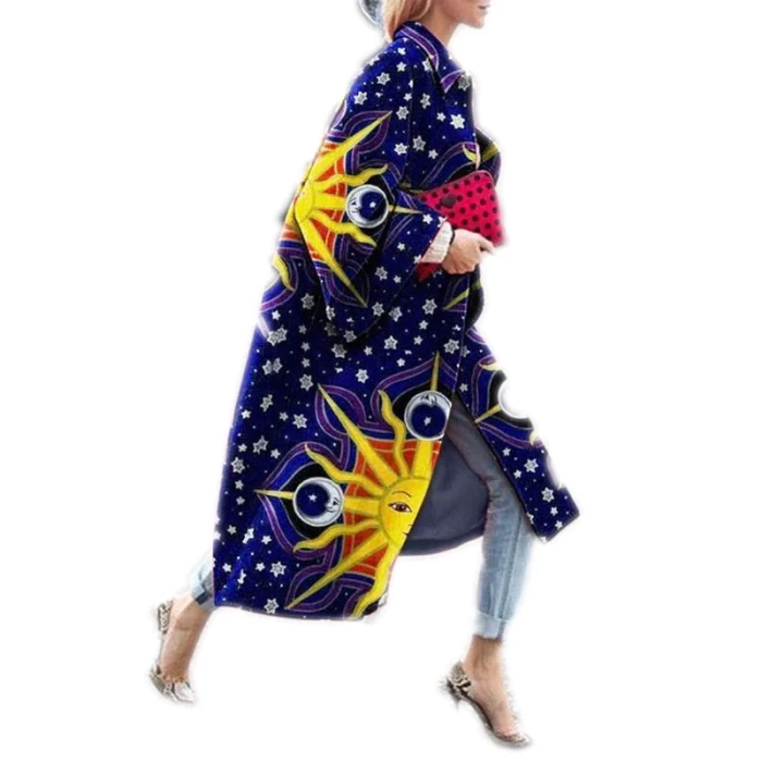 Women 2021 Spring Coat Long Length Flared Sleeve Printed Loose Windbreaker Straight Type Lapel Women Coat