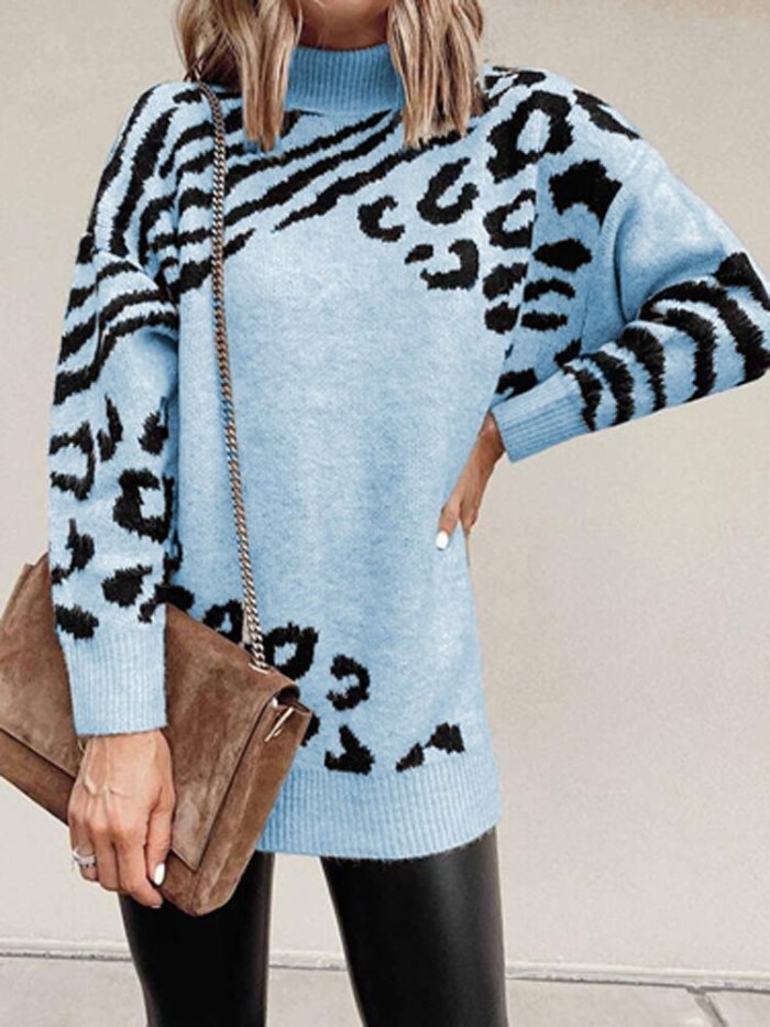 Women Fashion Turtleneck Sweater Autumn Winter New Warm Knit Jumper Tops Casual Long Sleeve Leopard Knitter Pullover Streetwear