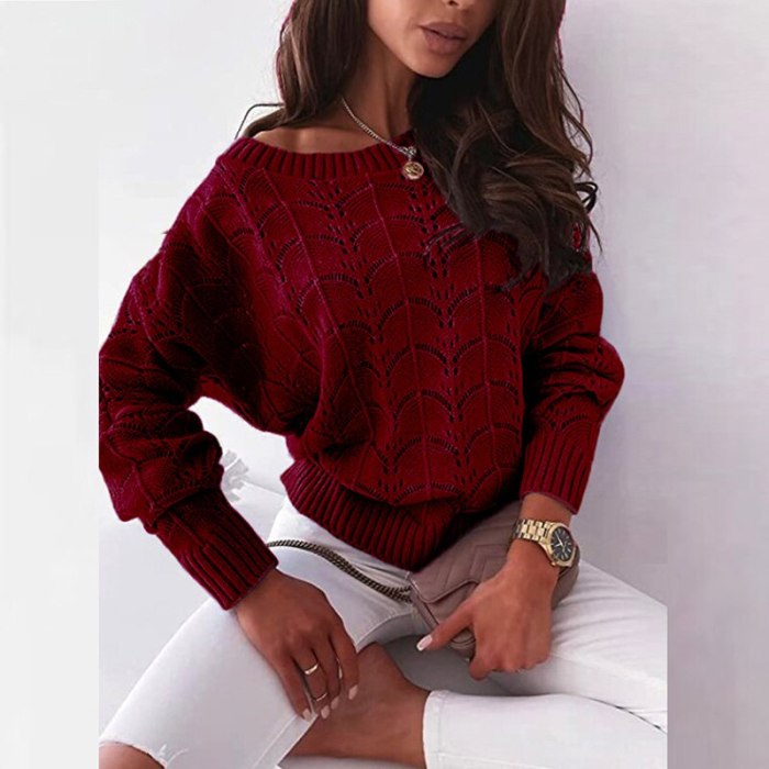 Fashion Batwing Sleeve Hollow Sweaters Women Sexy Off Shoulder Long Sleeve Pullover Jumper Casual Loose Solid Knitted Top  Bluas