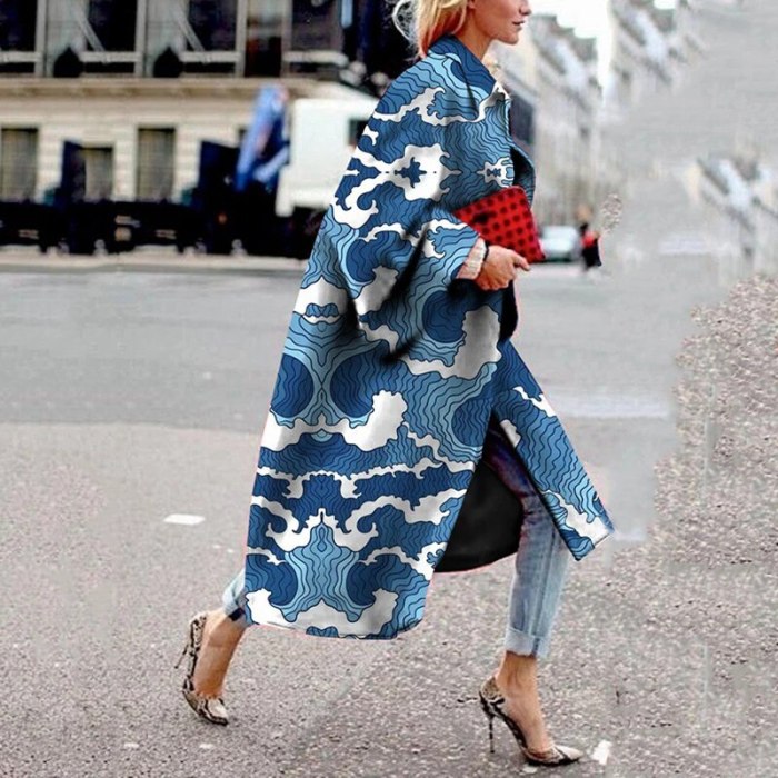 Women 2021 Spring Coat Long Length Flared Sleeve Printed Loose Windbreaker Straight Type Lapel Women Coat