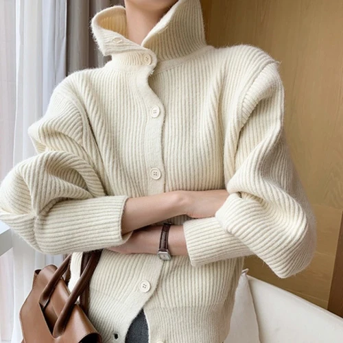 Women's Knitting Casual Loose Turtleneck Single-Breasted Cardigan