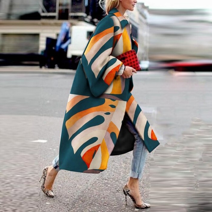 Women 2021 Spring Coat Long Length Flared Sleeve Printed Loose Windbreaker Straight Lapel Women Coat