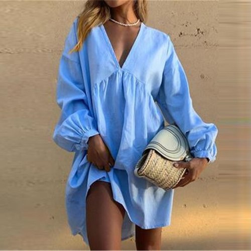 Autumn New Women Casual Cotton Linen Dress Elegant V-Neck Solid Loose Pullover Dress Fashion Long Sleeve  A-Line Party Dresses