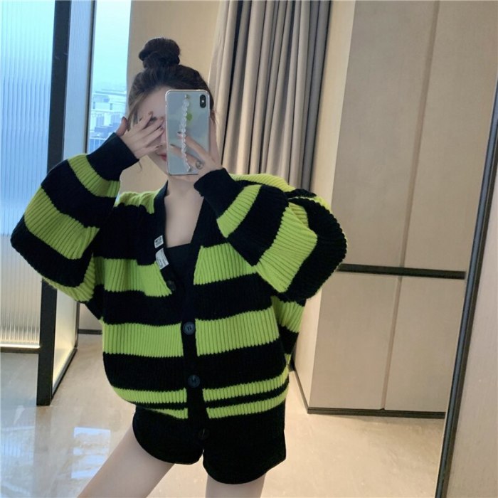 2021 New Autumn Women Fashion V-Neck Color Matching Striped Knitted Sweater Female Chic Loose Casual Cardigans Tops Streetwear
