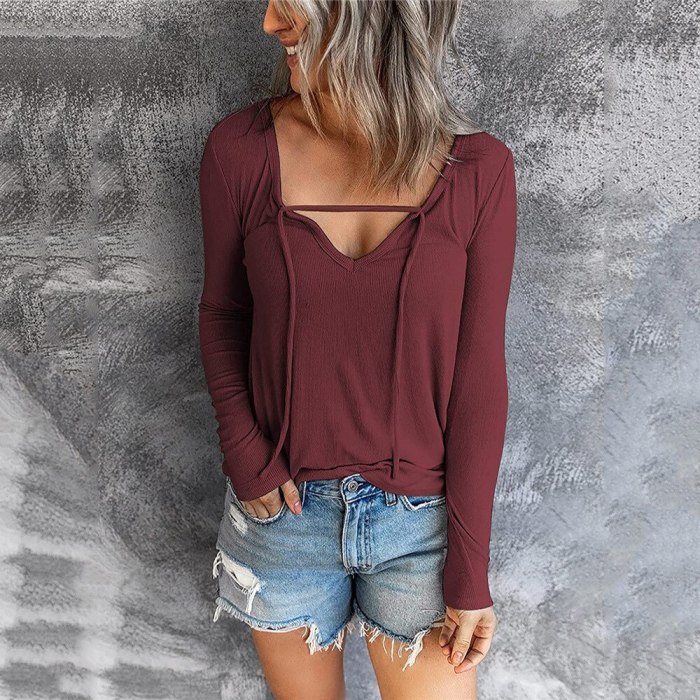 Women's Clothing Autumn and Winter New Fashion Women's V-neck Solid Long-sleeved Casual Loose T-shirt  women sexy tops
