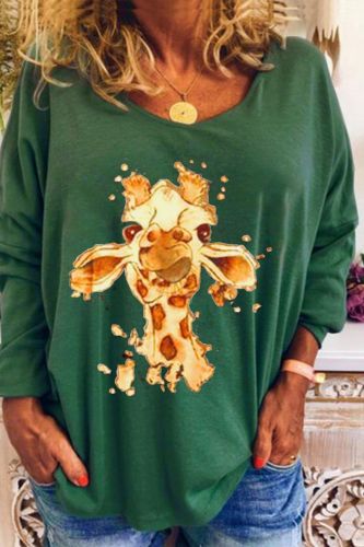 Vintage Pajamas Long Sleeve V Neck Homewear Casual Loose Women Nightshirt Cartoon Giraffe Print Sleepwear Vintage Nightgown
