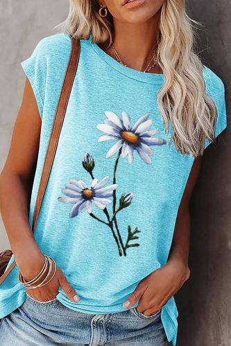 Summer Women Round Neck Casual Flower Print T-shirts