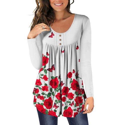 Women Autumn 5XL Large Size Women's T-shirt Round Neck Long Sleeve Button Decor Casual Floral Butterfly Print Plus Size T Shirt