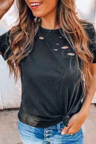 40#Women T-Shirts Hole Casual Ripped Short Sleeve Round Neck T-Shirt Summer Solid Color Vintage Elegant Pullover Top футболка
