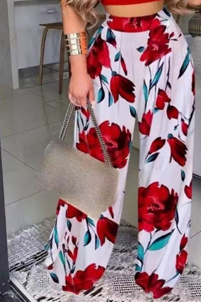 2021 Autumn New Fashion Loose Trousers Women Casual Streetwear Slacks Female Elastic Waist Floral Print Plus Size Wide Leg Pants