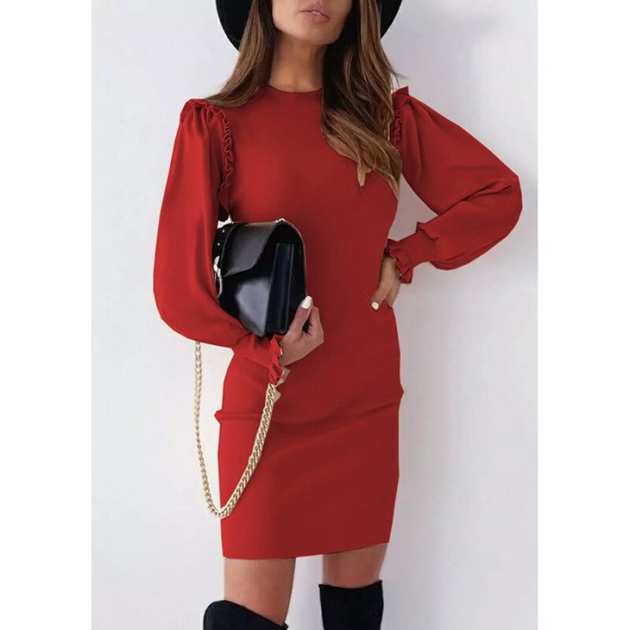 New Autumn/Winter Women Round Neck Casual Solid Vintage Butterfly Long Sleeve Short Dress Sexy Fashion 2021 Party Elegant Dress