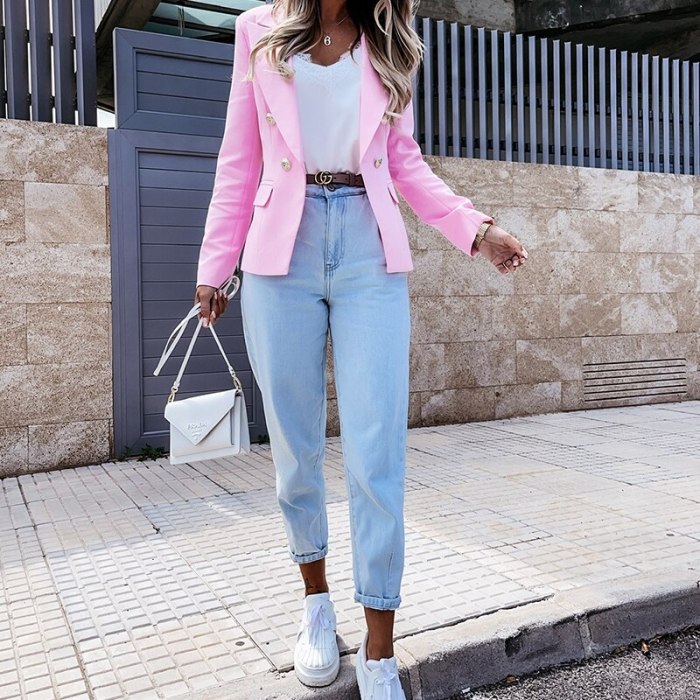 Women Jacket Pink Suit Long Sleeve Fashion Casual Lady Solid Color Button Autumn 2021 Office Wear Elegant Suit Female Suit Coat