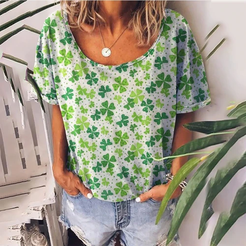 Women's Trend Summer O-neck Printed Short Sleeve T-shirt Casual Loose Tops FFT