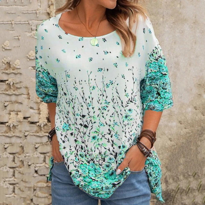 Summer Casual Tee Short Sleeve Women T-Shirts Flower Print Tops Plus Size Top Pullover Female Round Neck Loose T-Shirt