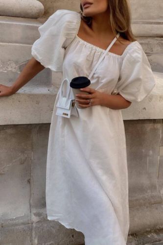 Summer 100% Cotton Dress Woman Vintage Puff Sleeve A Line Dresses Off Shoulder High Waist Midi Dress White Sexy Dress 2021