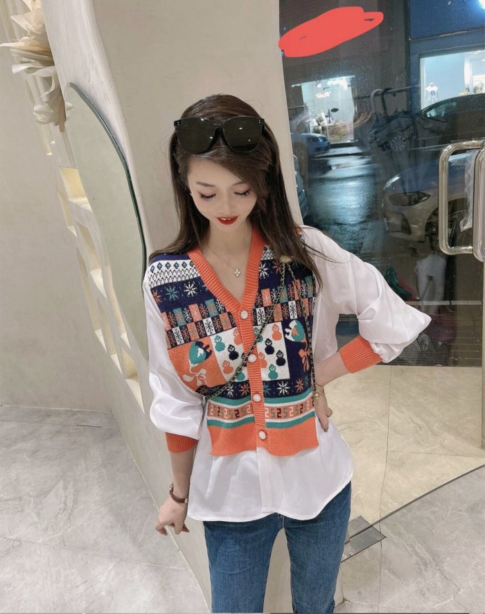 Sweater Women Autumn Knitted Fashion Cardigan Blouse Patchwork Fake Two Pieces Loose Single Breasted Knitwear Sueter De Mujer