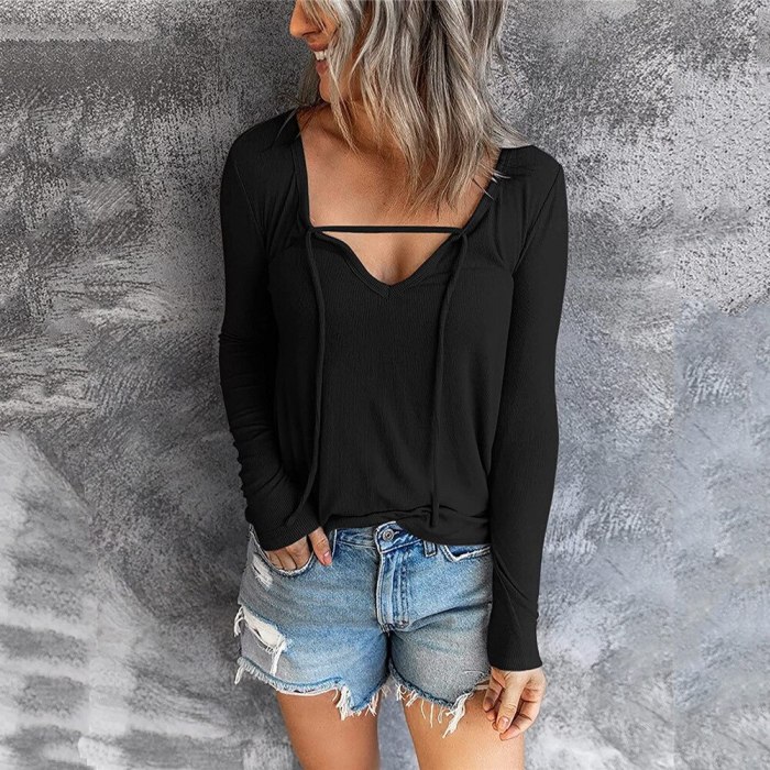 Women's Clothing Autumn and Winter New Fashion Women's V-neck Solid Long-sleeved Casual Loose T-shirt  women sexy tops