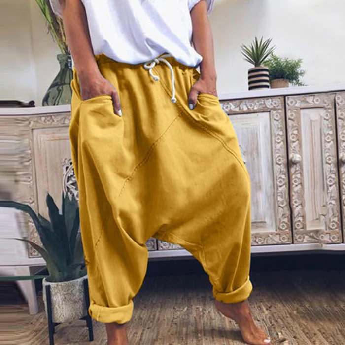 Women Harem Pants Trousers Boho Mid Waist Pants Women Solid Check Pants Baggy Wide Leg Casual Capris 2021