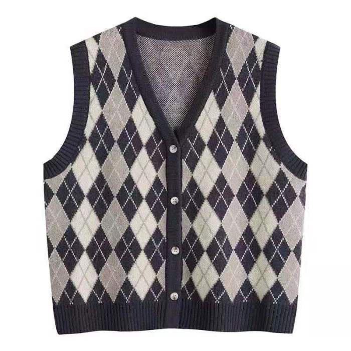 Sweater Vest Women Argyle Simple Loose Casual Classic Elegant Single Breasted Plus Size Jumpers Retro Trendy Chic College Womens