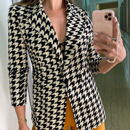 Autumn New Houndstooth Women's Coat Elegant Turn-down Collar Single Button Female Blazer Jacket 2021 Winter Office Ladies Coats