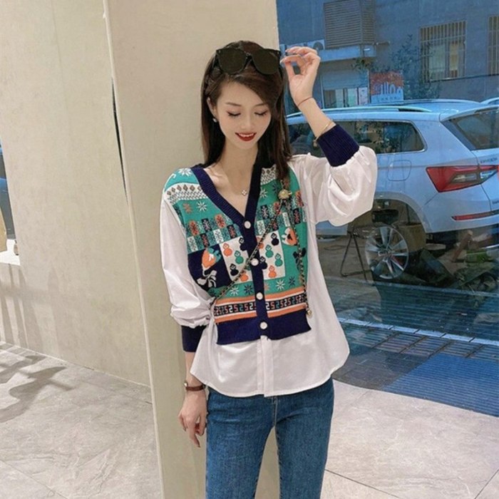 Sweater Women Autumn Knitted Fashion Cardigan Blouse Patchwork Fake Two Pieces Loose Single Breasted Knitwear Sueter De Mujer